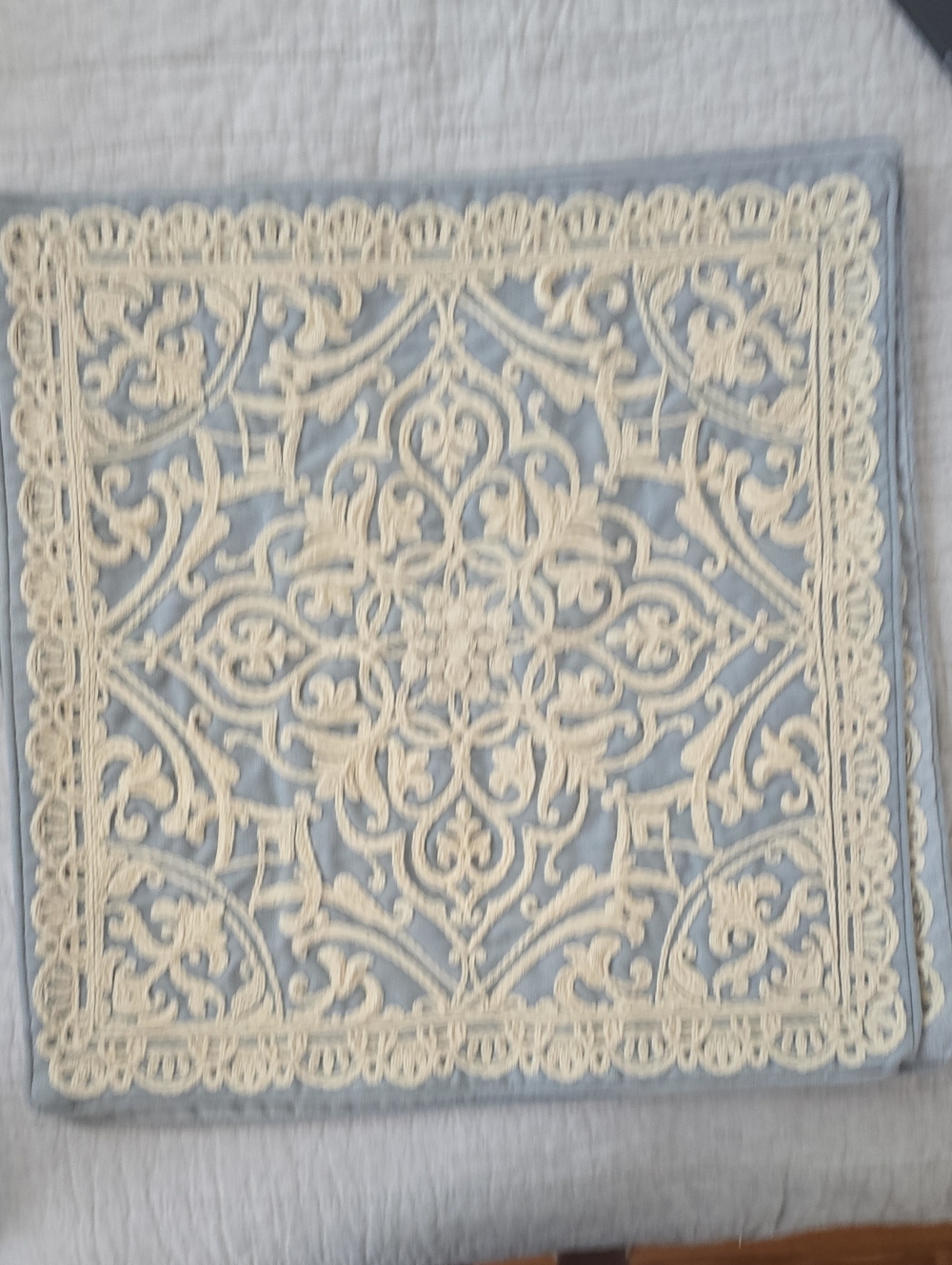 Embroidered Deco. Square Pillow Cover in Light Blue and Cream 19" X 19" Set Of 2